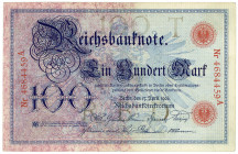 DEUTSCHES REICH BIS 1945, Reichsbanknoten und Reichskassenscheine, 100 Mark 17.4.1903, KN 7-stellig rot, Udr.T, Serie A, Blauer Hunderter.
II
Ros.20...