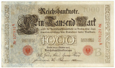 DEUTSCHES REICH BIS 1945, Reichsbanknoten und Reichskassenscheine, 1000 Mark 10.10.1903, KN 6-stellig rot, Udr.B, Serie A, Brauner Tausender.
II-III...