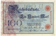 DEUTSCHES REICH BIS 1945, Reichsbanknoten und Reichskassenscheine, 100 Mark 18.12.1905, KN 7-stellig rot, Udr.U, Serie B, Blauer Hunderter.
II
Ros.2...