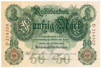 DEUTSCHES REICH BIS 1945, Reichsbanknoten und Reichskassenscheine, 50 Mark 10.3.1906, KN 6-stellig braun, Udr.Y, Serie D.
I-
Ros.25; Grab.DEU-22a