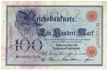 DEUTSCHES REICH BIS 1945, Reichsbanknoten und Reichskassenscheine, 100 Mark 8.6.1907, KN 7-stellig rot, Udr.Z, Serie C.
gepresst, II-III
Ros.30; Gra...