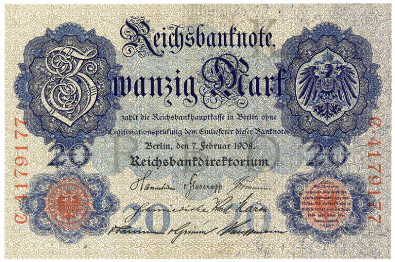 DEUTSCHES REICH BIS 1945, Reichsbanknoten und Reichskassenscheine, 20 Mark 7.2.1...