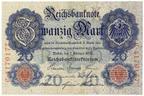 DEUTSCHES REICH BIS 1945, Reichsbanknoten und Reichskassenscheine, 20 Mark 7.2.1908, KN 7-stellig, Udr.K, Serie C.
I
Ros.31; Grab.DEU-29