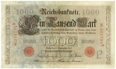 DEUTSCHES REICH BIS 1945, Reichsbanknoten und Reichskassenscheine, 1000 Mark 10.9.1909, KN 6-stellig rot, Udr.P, Serie B, Brauner Tausender.
III
Ros...