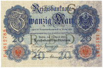 DEUTSCHES REICH BIS 1945, Reichsbanknoten und Reichskassenscheine, 20 Mark 21.4.1910, KN 7-stellig, Udr.G, Serie F.
I
Ros.40b; Grab.DEU-37b