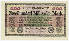 DEUTSCHES REICH BIS 1945, Geldscheine der Inflation, 1919-1924, 200 Milliarden Mark 15.10.1923, KN 7-stellig rot, Wz.Hakensterne, FZ.AK.
III
Ros.118...