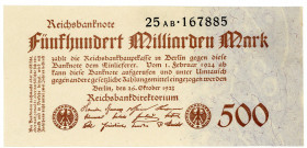 DEUTSCHES REICH BIS 1945, Geldscheine der Inflation, 1919-1924, 500 Milliarden Mark 26.10.1923, KN 6-stellig schwarz, FZ.AB, rechts blau.
I-
Ros.124...