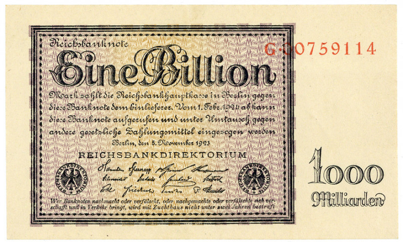 DEUTSCHES REICH BIS 1945, Geldscheine der Inflation, 1919-1924, 1 Billion Mark 5...