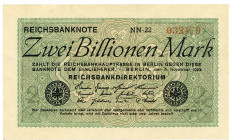 DEUTSCHES REICH BIS 1945, Geldscheine der Inflation, 1919-1924, 2 Billionen Mark 5.11.1923, KN 6-stellig rot, Wz.Hakensterne, FZ.NN.
I/I-
Ros.132a; ...