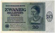 DEUTSCHES REICH BIS 1945, Geldscheine der Inflation, 1919-1924, 20 Billionen Mark 5.11.1924, Serie B.
III+
Ros.135