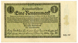 DEUTSCHES REICH BIS 1945, Ausgaben der Deutschen Rentenbank, 1923-1937, 1 Rentenmark 1.11.1923, Firmendruck, KN 6-stellig grün, FZ.WB.
II
Ros.154b; ...