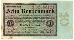DEUTSCHES REICH BIS 1945, Ausgaben der Deutschen Rentenbank, 1923-1937, 10 Rentenmark 1.11.1923. Serie B.
a.R.l.fleckig, sonst II
Ros.157
