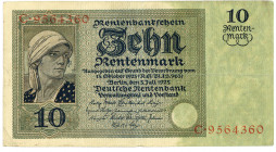 DEUTSCHES REICH BIS 1945, Ausgaben der Deutschen Rentenbank, 1923-1937, 10 Rentenmark 3.7.1925. Serie C.
III-IV
Ros.163; Grab.DEU-208