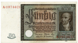 DEUTSCHES REICH BIS 1945, Ausgaben der Deutschen Rentenbank, 1923-1937, 50 Rentenmark 6.7.1934.
III-
Ros.165; Grab.DEU-221