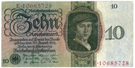 DEUTSCHES REICH BIS 1945, Ausgaben der Deutschen Reichsbank, 1924-1945, 10 Reichsmark 11.10.1924, KN 8-stellig rot/braun, Udr.F, Serien E.
III/III-
...