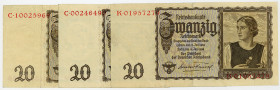 DEUTSCHES REICH BIS 1945, Ausgaben der Deutschen Reichsbank, 1924-1945, 20 Mark 16.6.1939.
3 Stk., II
Ros.178; Grab.DEU-215