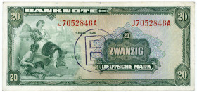 BUNDESREPUBLIK DEUTSCHLAND AB 1948, Noten der Bank Deutscher Länder, 1948-1949, 20 Deutsche Mark 1948 mit B - Stempel, Serie J/A.
II
Ros.241a