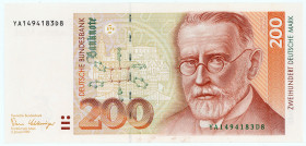 BUNDESREPUBLIK DEUTSCHLAND AB 1948, Noten der Deutschen Bundesbank, 1960-1999, 200 DM 2.1.1989. Ersatznote mit YA.
I
Ros.295b