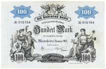 DEUTSCHE LÄNDERBANKNOTEN, Badische Bank, 1871-1924, 100 Reichsmark 1.1.1907, Vs.mit Druckfirma:G.Naumann's Druckerei FFT A/M.
II
Ros.BAD-5b; Grab.BA...