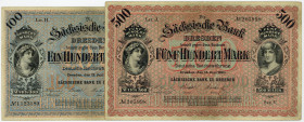 DEUTSCHE LÄNDERBANKNOTEN, Sächsische Bank, 1874-1924, 100 Mark 15.6.1890, KN 7-stellig, Serie XXIII. 500 Mark 15.6.1890, KN 6-stellig, Serie V. 2 Sche...
