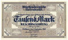 DEUTSCHE LÄNDERBANKNOTEN, Württembergische Notenbank, 1871-1930, 1000 Reichsmark 1.9.1922, Vs. mit Hand-Us..
I
Ros.WTB12a; Grab.WTB-12a
