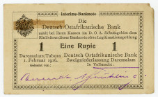 DEUTSCHE KOLONIEN, Deutsch-Ost-Afrika, 1905-1917, 1 Rupie 1.2.1916, Interims-Banknote, Serie T3, mit Datumszeile b Typ.
Fehlecke, sonst I-
Ros.929u;...