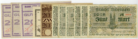 BREMEN, Bremen, Finanzdeputation. 6x5 Mark D,G,J,P,S,U 28.10.1923 (je Erh.III), 20 Mark C 15.11.1923, 20 Mark (Erh.III+). DAZU:Carl Franke. 20 Mark 01...