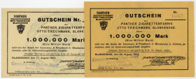 HAMBURG, Blankenese, Panther Zigarettenfabrik Otto Trechmann. 1 Million Mark 17.8.1923; 22.8.1923 mit Lochung "8" bzw. "9". 2 Scheine.
I-
LSK 52a,b