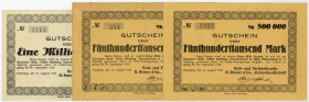 HAMBURG, Hamburg, Gewerbe- und Farbstoffwerke H.Renner&Co.AG. 500.000 Mark 13.8.1923(2x); 1 Million Mark 21.8.1923. 3 Scheine.
I-III
LSK 128a,b