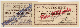 HAMBURG, Hamburg, Fuchs Papierwarenfabrik AG. 50 Milliarden auf 100.000 Mark 22.8.1923, 1 Milliarde auf 1 Millionen Mark 22.8.1923 (KN0123).
I
Ke.21...