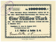 HAMBURG, Hamburg, J.F.Müller & Sohn. 1 Million Mark 14.8.1923, mit ovaler Abstemplung.
I
Ke.2127b