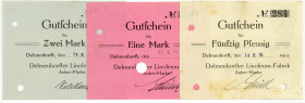 NIEDERSACHSEN, Delmenhorst, Linoleum-Fabrik. 1 Mark 11.08.1914 (Erh.II), 50 Pfennig 14.08.1914 (Erh.III), 2 Mark 14.08.1914 (Erh.II), jeweils entwerte...