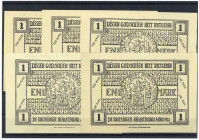 NIEDERSACHSEN, Rüstringen, Heimatbund. 5x 1 Mark 1921, 4 verschiedene Scheine.
I-
Lind.1121.1,2,3; 8,9