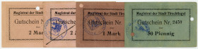 OST-, WESTPREUSSEN, POSEN UND GRENZMARK, Tirschtiegel, Stadt. 50 Pfennig, 1, 2 Mark (1914). DAZU:2 Mark blanko. Alle Scheine entwertet. 4 Scheine.
I-...