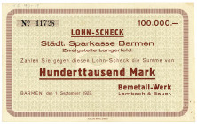 RHEINPROVINZ, Barmen, Bemetall-Werk Lambach & Bauer. 100.000 Mark 1.9.1923, Lohnscheck auf städtische Sparkasse.
II
Ke.240a