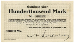 RHEINPROVINZ, Dieringshausen, Mühlenthaler Spinnerei & Weberei. 100.000 Mark 3.8.1923.
II
Ke.1003