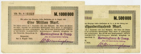RHEINPROVINZ, Elberfeld, Herminghaus & Comp. GmbH. 500.000(IV), 1 Million Mark 8.8.1923(III).
III/IV
Ke.1306