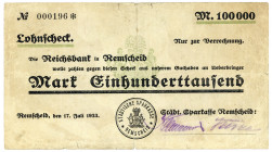 RHEINPROVINZ, Remscheid, Städtische Sparkasse. 100.000 Mark 17.7.1923, Lohnscheck.
III-
Ke.4516a