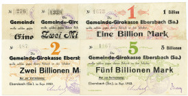 SACHSEN, Ebersbach, Sparkasse. 1 Million Mark 03.08.1923, 2 Milliarden Mark 09.1923, 1, 2, 5 Billionen Mark 09.1923. 5 Scheine.
II-III
ex.Ke.1213