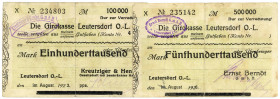 SACHSEN, Leutersdorf, Ernst Berndt. 500.000 Mark GSG-Scheck auf Girokasse 08.1923. DAZU:Kreutziger & Henke. 100.000 Mark 08.1923.
III
Ke.3235; 3239;...