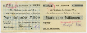SACHSEN, Leutersdorf, Girokasse. Kundenscheck Gemeindekasse 10 Millionen Mark 09.1923. DAZU:Sparkassenverwaltung. 500 Millionen Mark 1923.
II-III
Ke...