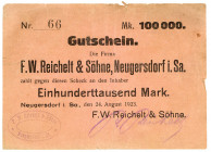 SACHSEN, Neugersdorf, F.W.Reichelt. Gutschein 100.000 Mark 24.08.1923.
III-
Ke.-; Bühn 5286 (nur; 50.000 Mark)