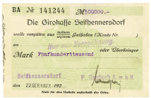 SACHSEN, Seifhennersdorf, Girokasse. Kundenscheck 500.000 Mark 22.09.1923, Aussteller: P.Rentsch.
II
zu Ke.4750; Bühn 6721AS