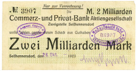 SACHSEN, Seifhennersdorf, Commerz- und Privatbank. Kundenscheck 2 Milliarden Mark 26.10.1923, Aussteller: Aug.Oppelt.
III
zu Ke.4752; Bühn 6723AA