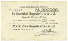 SACHSEN, Wilthen, Gewerbebank Neugersdorf, Zweigstelle Wilthen. Kundenscheck C.G.Thomas, 200.000 Mark 08.08.1923.
III-
Ke.5641e; Bühn 7302AC
