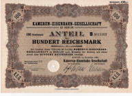 BERLIN, BRANDENBURG, Berlin, Aktie der Kamerun-Eisenbahn-Gesellschaft zu Berlin über 100 Reichsmark im November 1930. Mit Beschreibung der Gesellschaf...