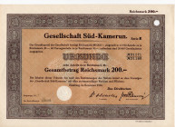 HAMBURG, Hamburg, Aktie der Gesellschaft Süd-Kamerun zu Hamburg über 200 Reichsmark im November 1936.
I