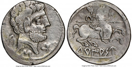 SPAIN. Turiaso (Zaragoza). Ca. 2nd-1st centuries BC. AR denarius (19mm, 1h). NGC Choice VF. Ca. 100-75 BC. Bare male head right, wearing necklace; Ca,...