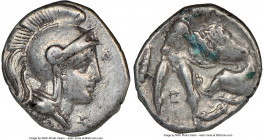 CALABRIA. Tarentum. Ca. 380-280 BC. AR diobol (12mm, 12h). NGC Choice VF. Ca. 325-280 BC. Head of Athena right, wearing crested Attic helmet, triple p...