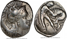 CALABRIA. Tarentum. Ca. 380-280 BC. AR diobol (13mm, 5h). NGC Choice VF. Ca. 325-280 BC. Head of Athena right, wearing crested Attic helmet decorated ...